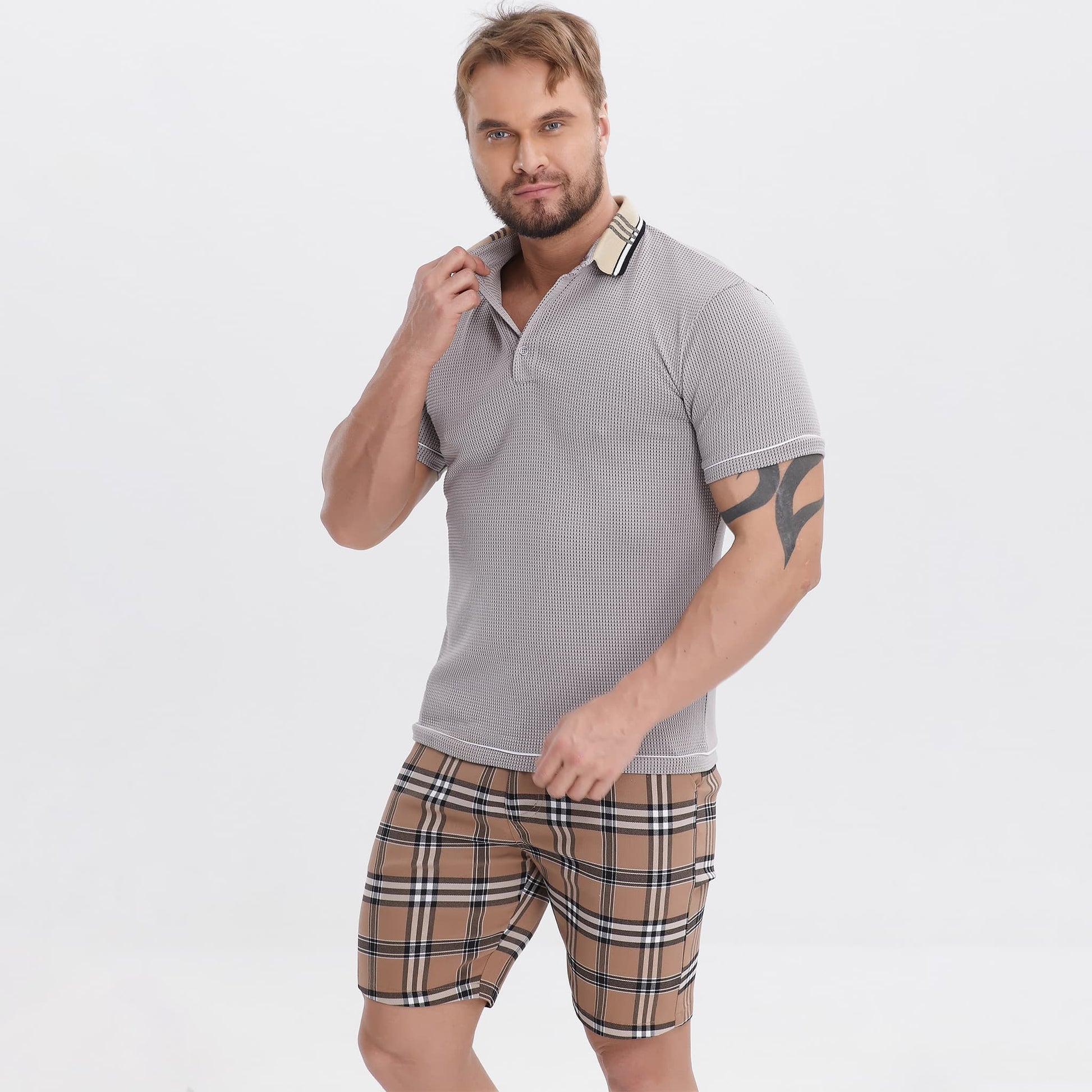 waffle knitted polo grey shirts for men slim fit stretchy