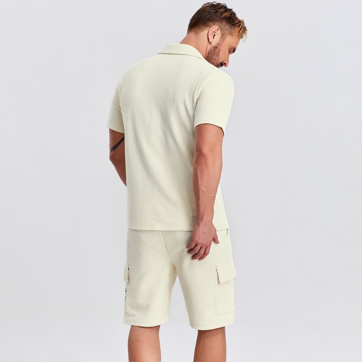 beige button down men 2 piece outfits with drawstring cargo shorts