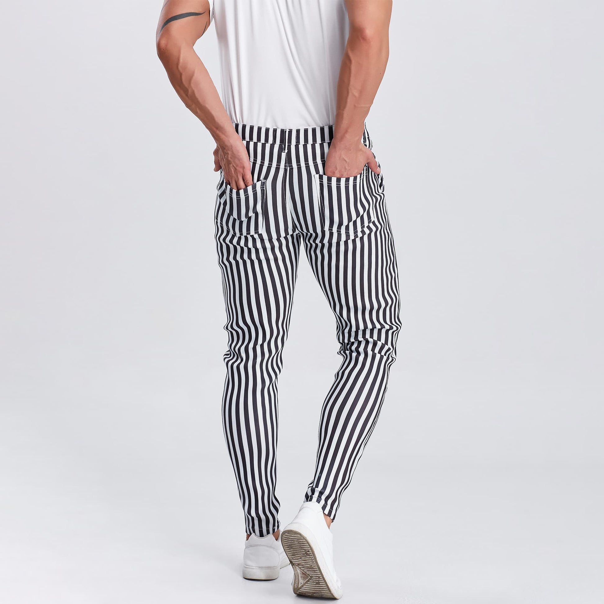 men black and white striped dress pants slim fit stretchy
