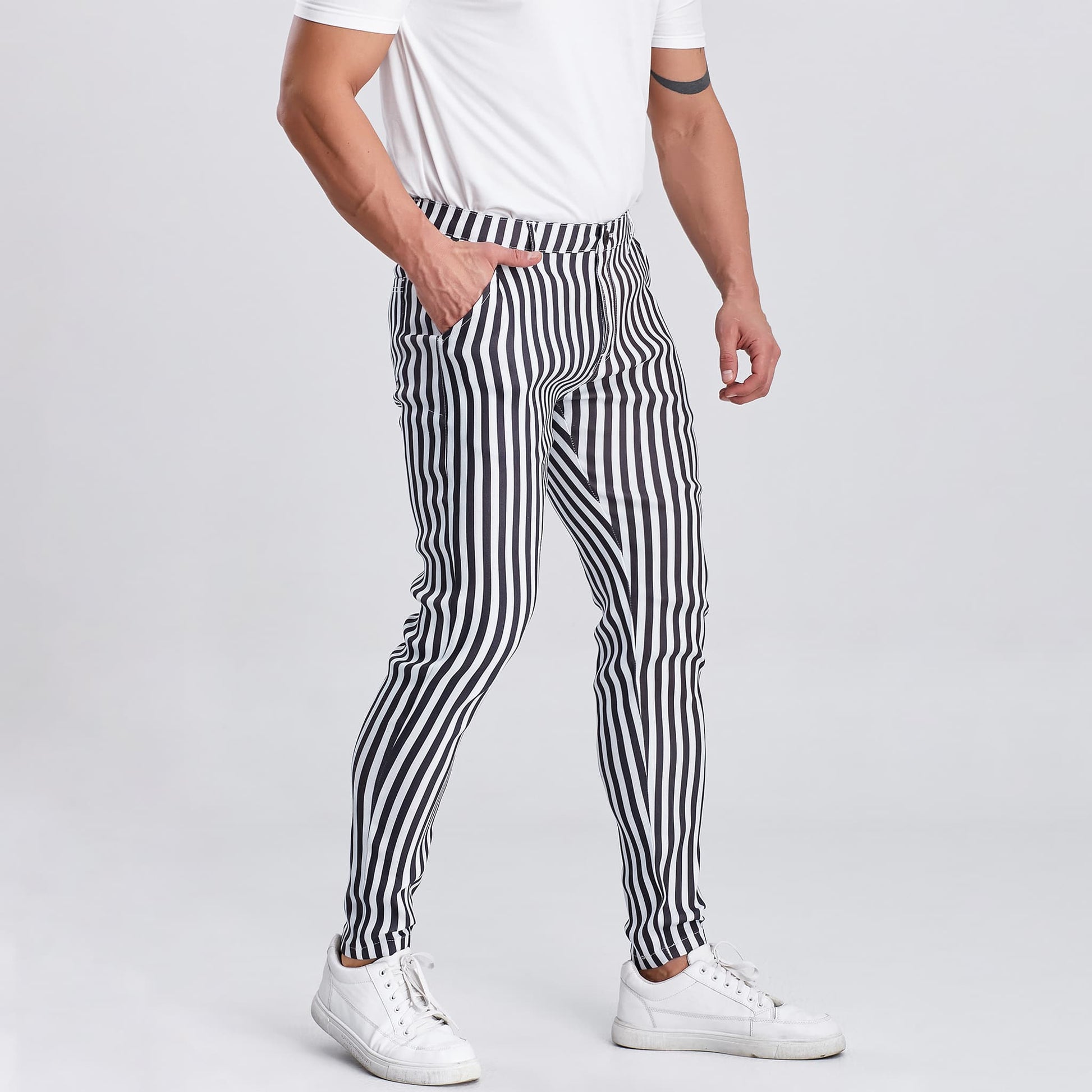 men black and white striped pant slim fit stretchy