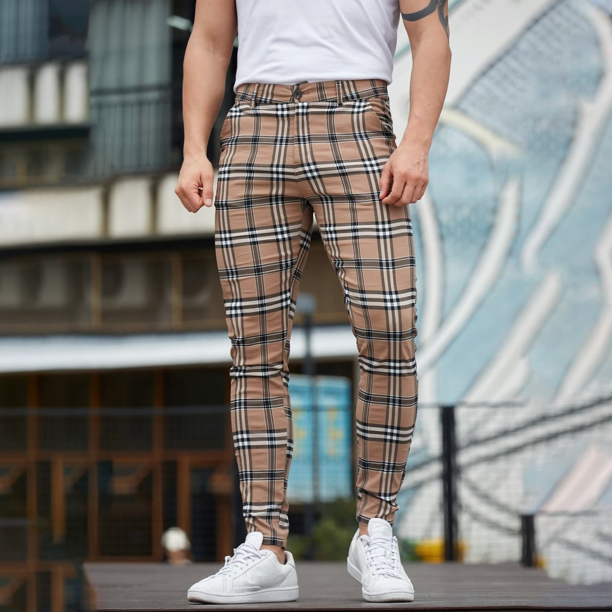 men brown plaid pants slim fit stretchy
