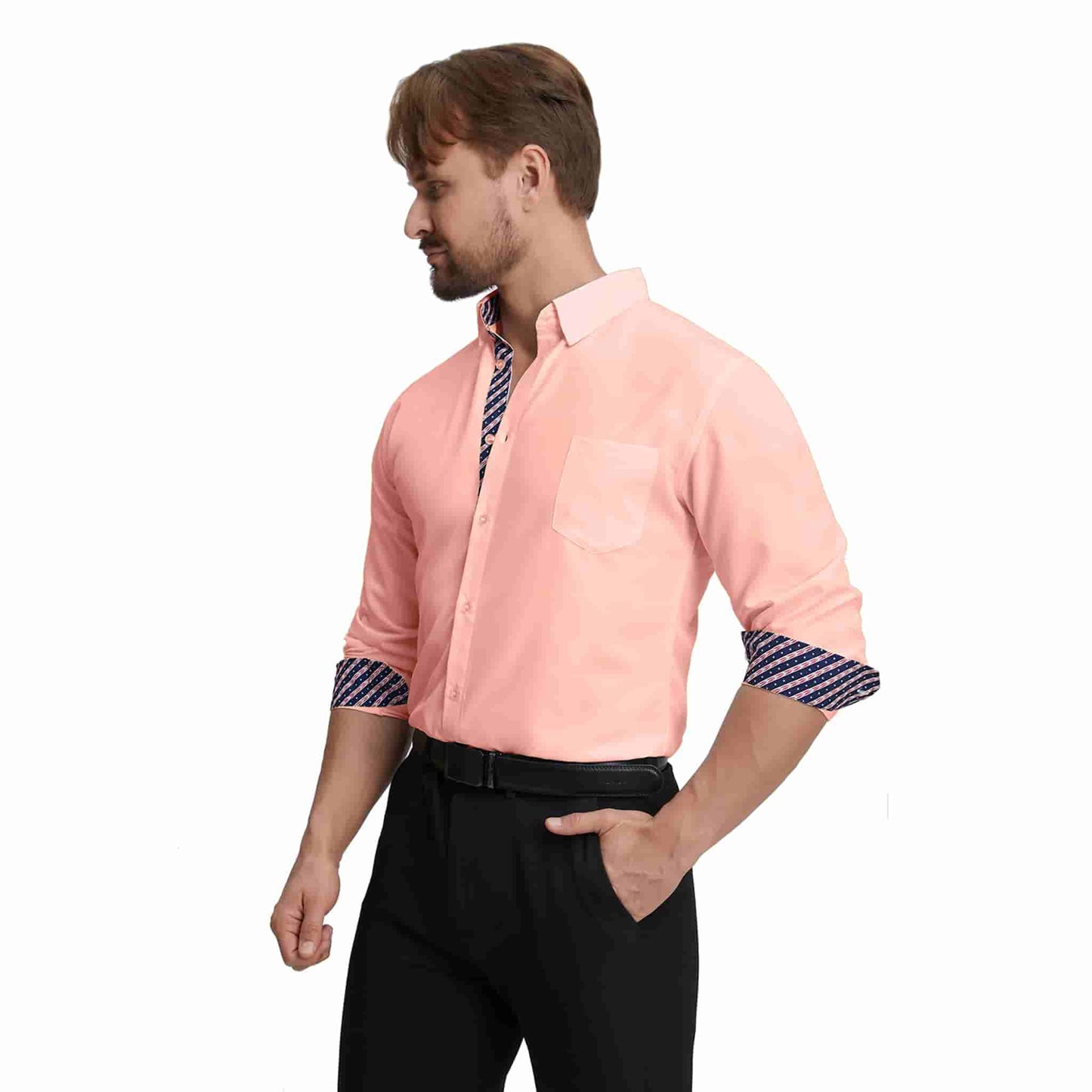 Men's Long Sleeve Dress Shirts Slim Fit Inner Contrast Business Casual Button Down Pink Shirt