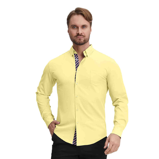 Men's Long Sleeve Dress Shirts Slim Fit Inner Contrast Business Casual Button Down Yellow Shirt