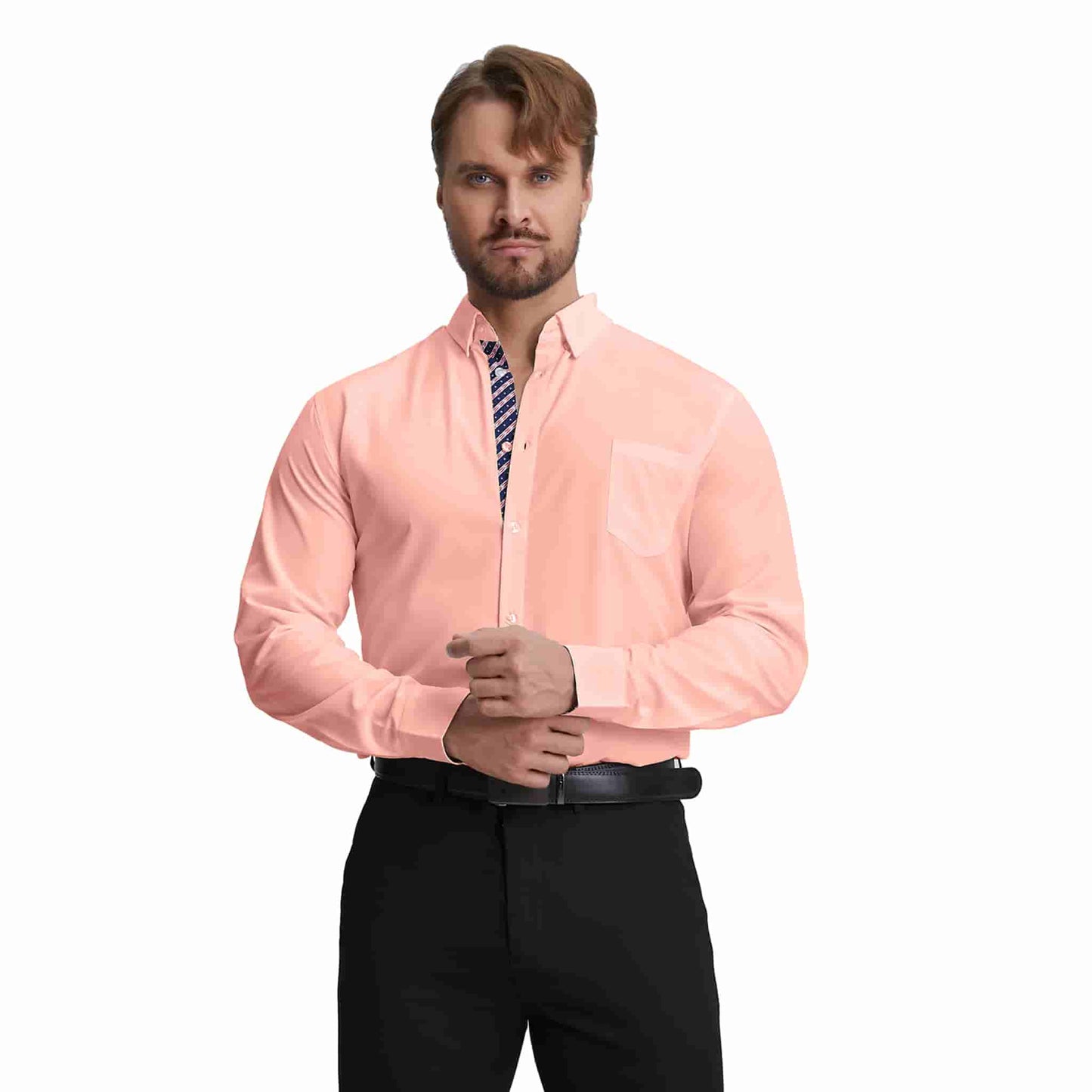 Men's Long Sleeve Dress Shirts Slim Fit Inner Contrast Business Casual Button Down Pink Shirt