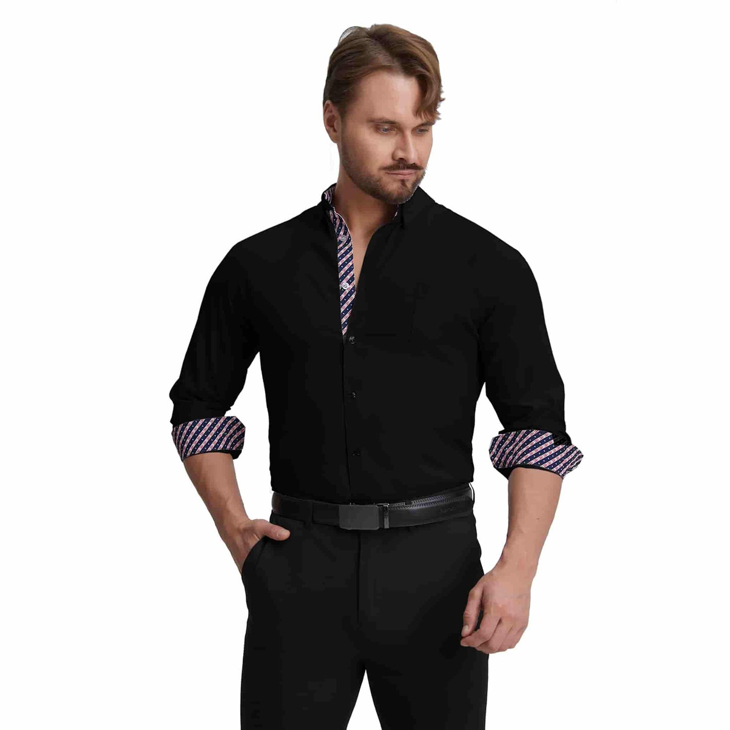 Men's Long Sleeve Dress Shirts Slim Fit Inner Contrast Business Casual Button Down Black Shirt