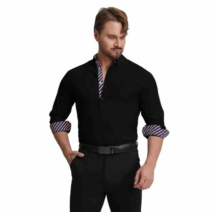 Men's Long Sleeve Dress Shirts Slim Fit Inner Contrast Business Casual Button Down Black Shirt