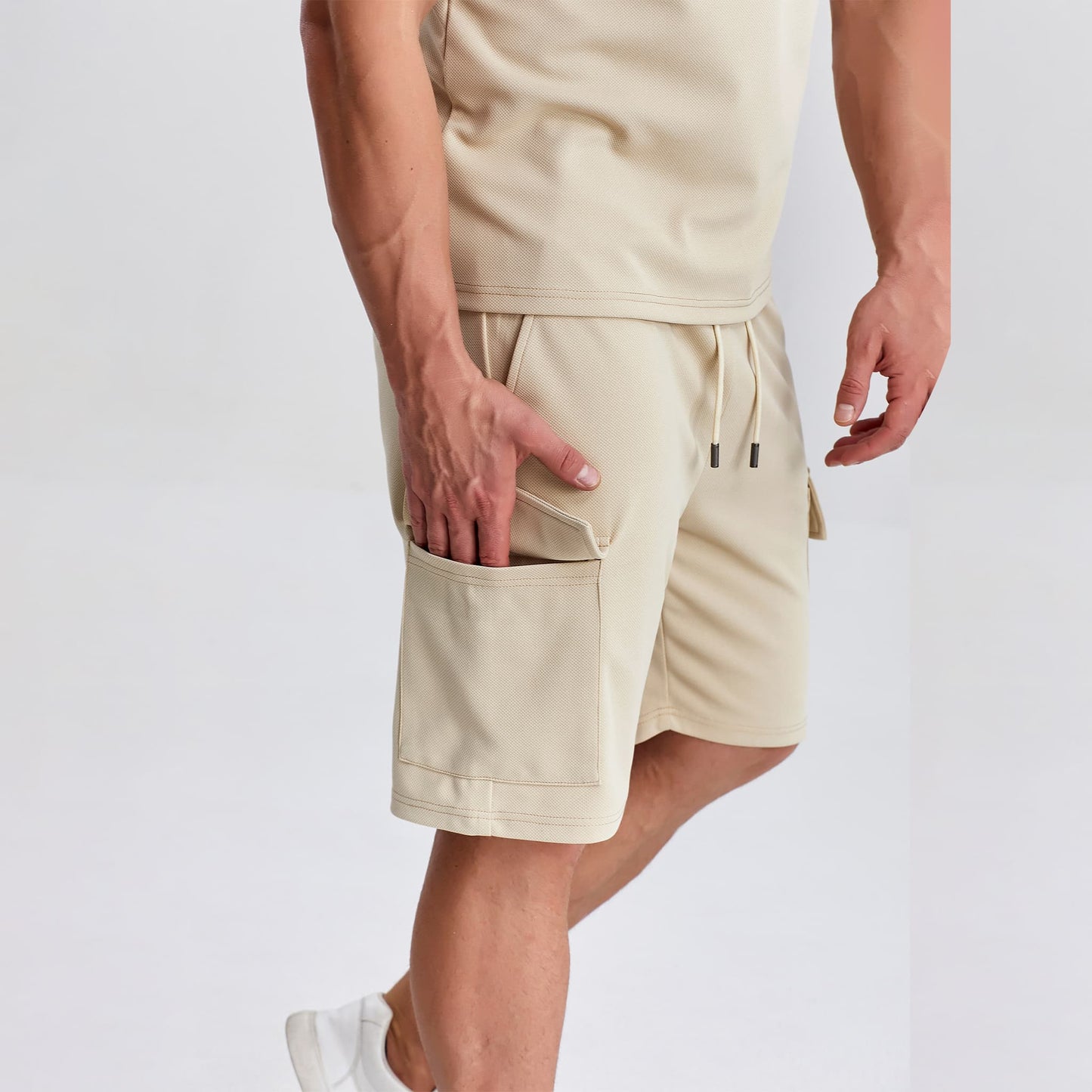 khaki men cargo drawstring shorts