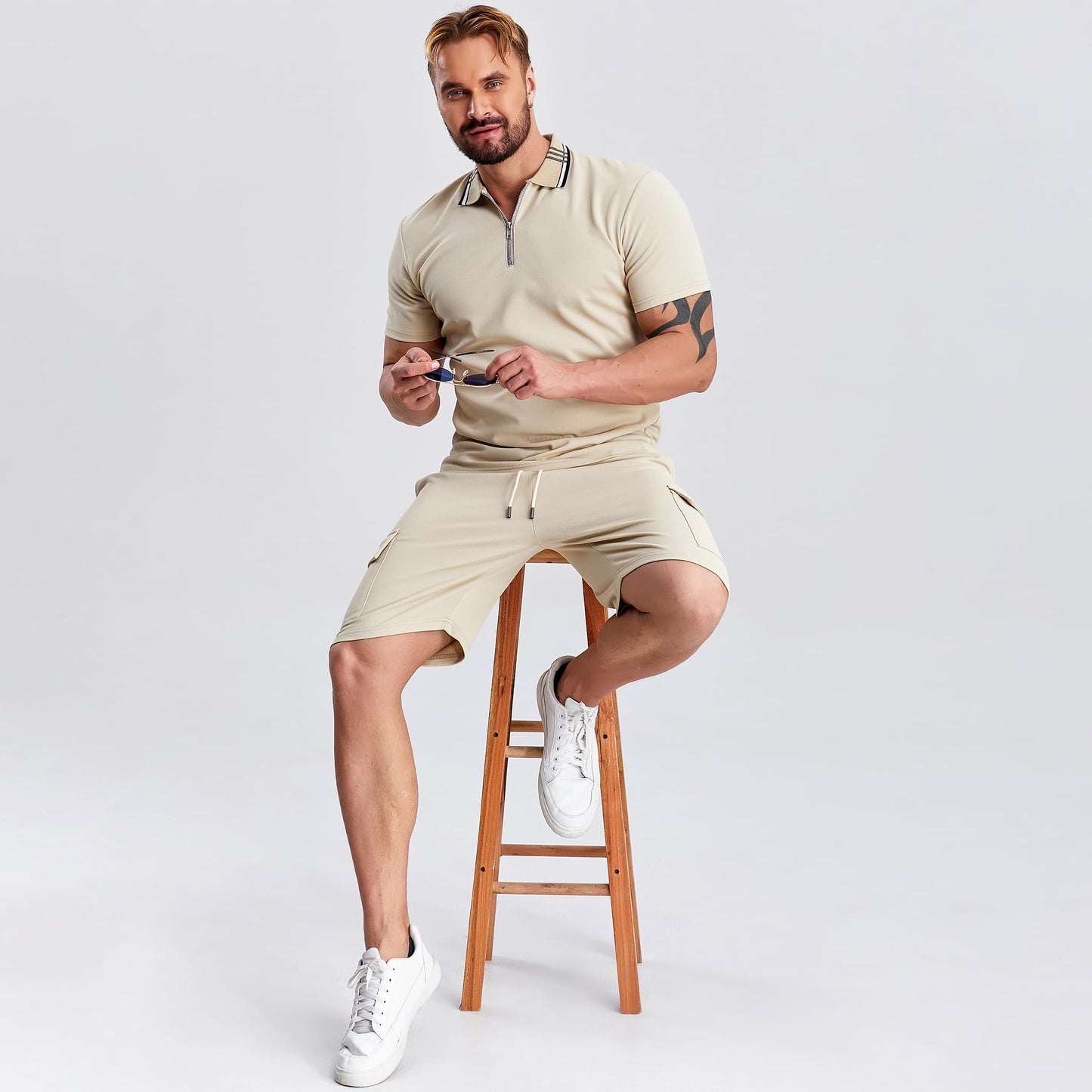 zip upper men casual khaki outfits drawstring