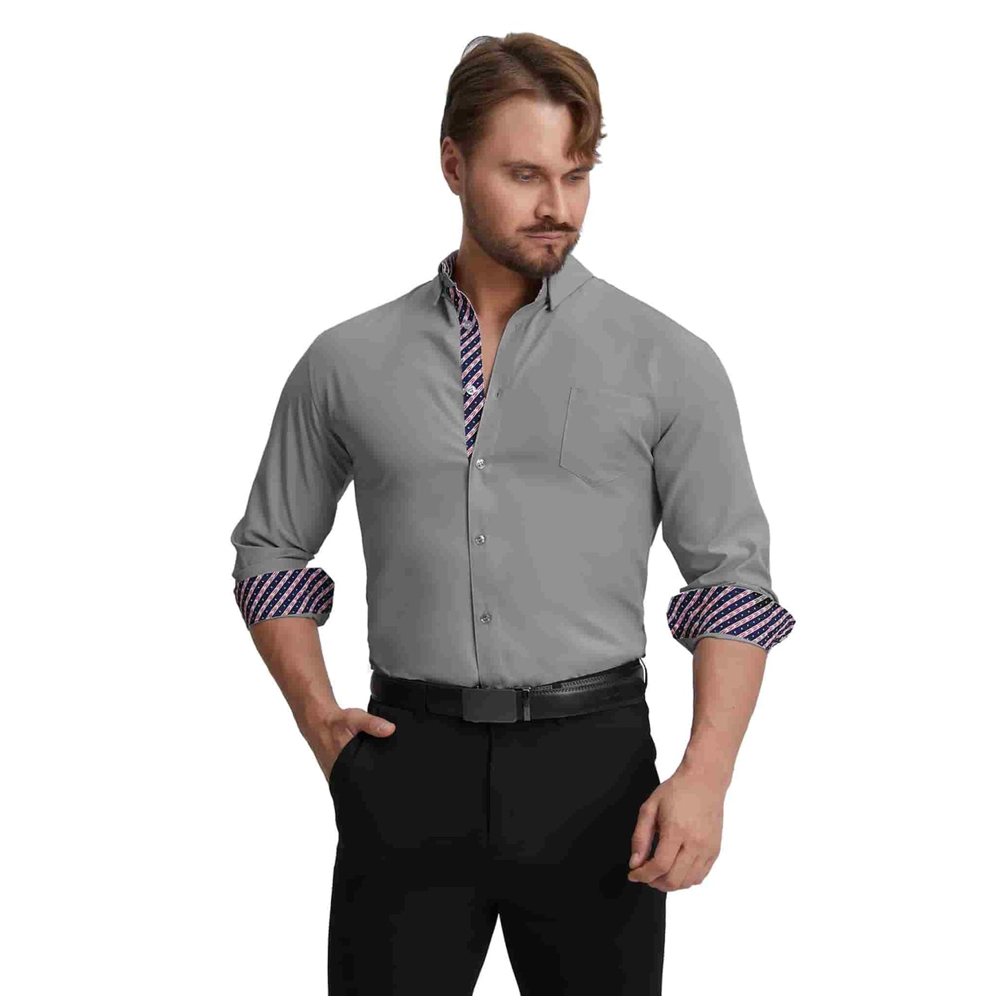 Men's Long Sleeve Dress Shirts Slim Fit Inner Contrast Business Casual Button Down Dark GreyShirt