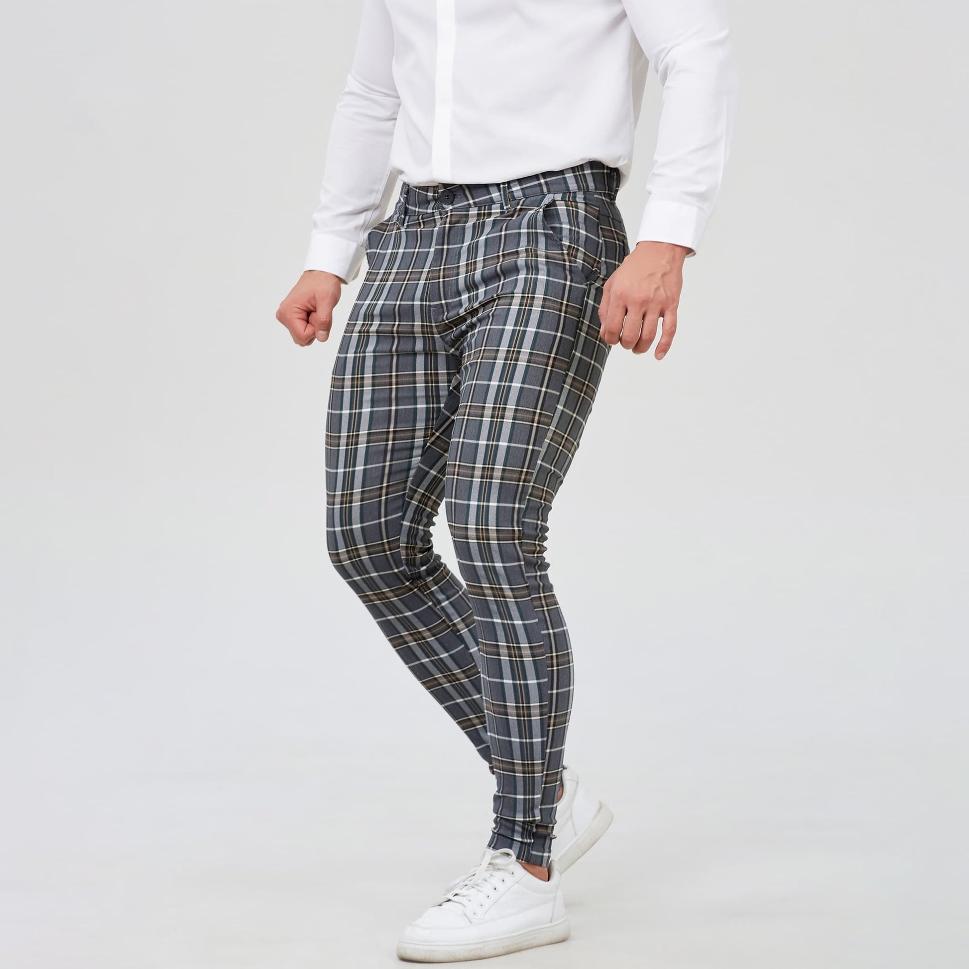 grey plaid slim fit men formal pants stretchy