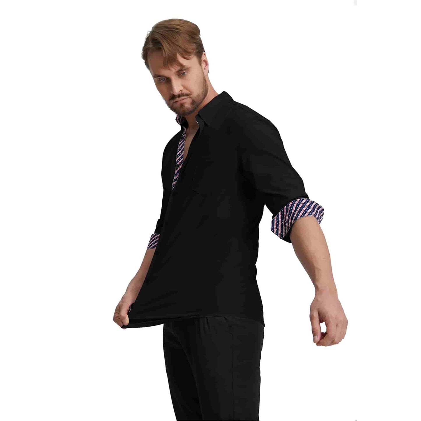 Men's Long Sleeve Dress Shirts Slim Fit Inner Contrast Business Casual Button Down Black Shirt