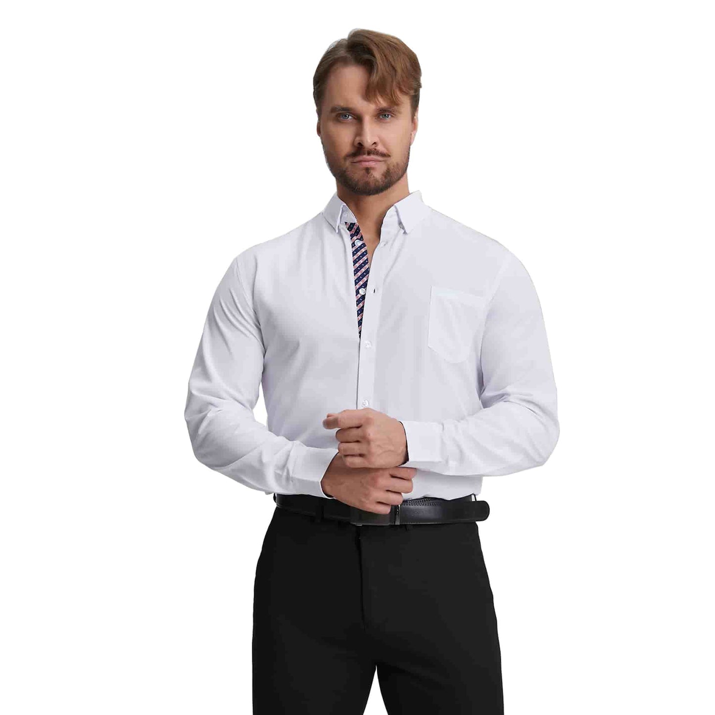 Men's Long Sleeve Dress Shirts Slim Fit Inner Contrast Business Casual Button Down White Shirt