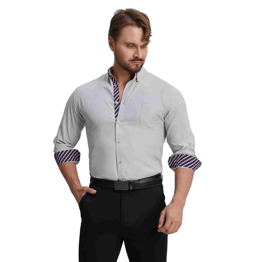 Men's Long Sleeve Dress Shirts Slim Fit Inner Contrast Business Casual Button Down Light Grey Shirt