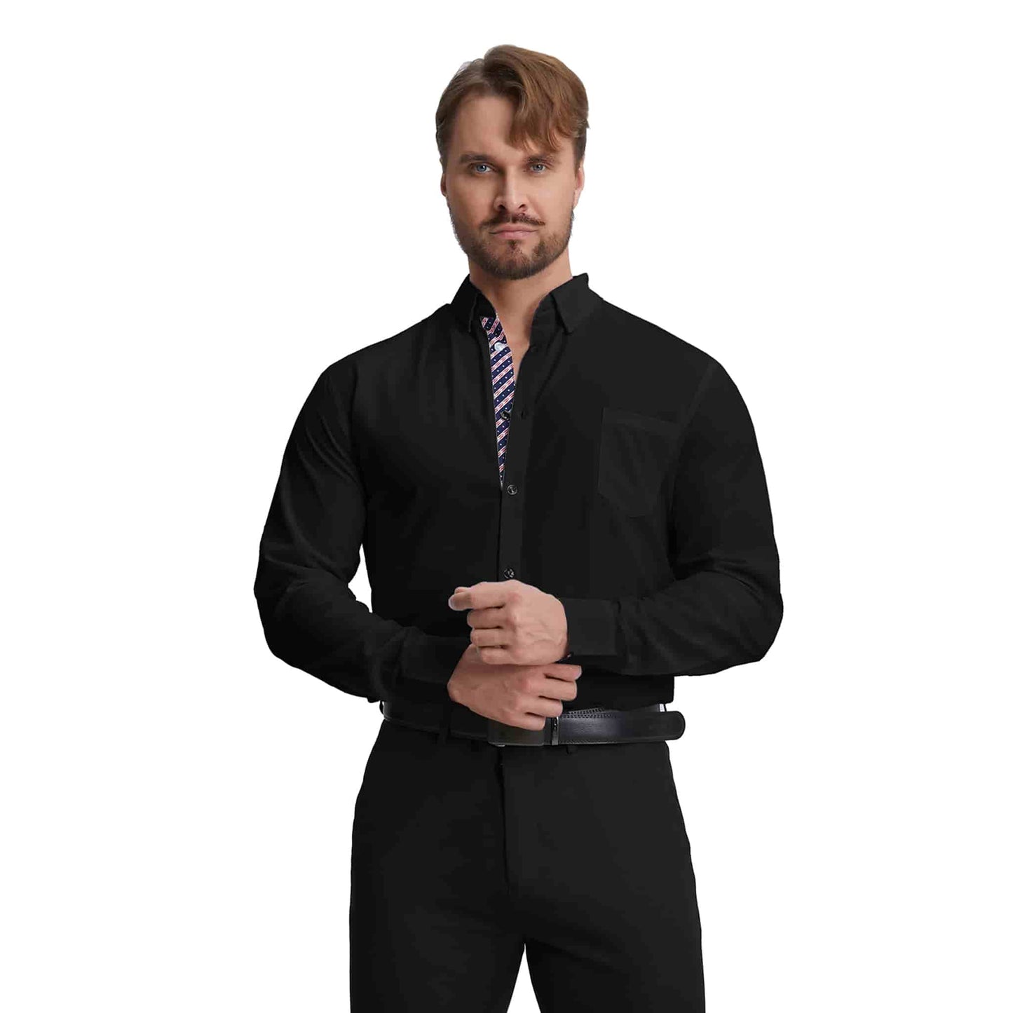 Men's Long Sleeve Dress Shirts Slim Fit Inner Contrast Business Casual Button Down Black Shirt
