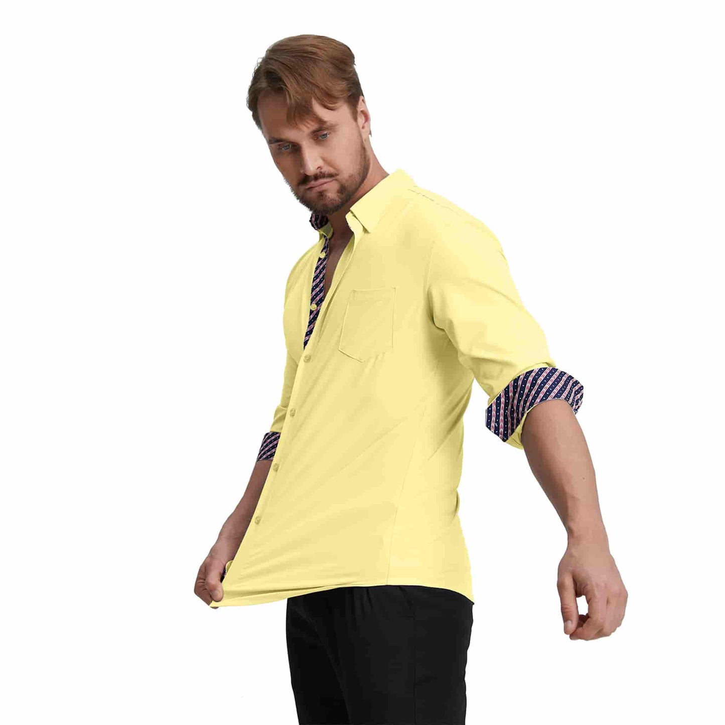 Men's Long Sleeve Dress Shirts Slim Fit Inner Contrast Business Casual Button Down Yellow Shirt