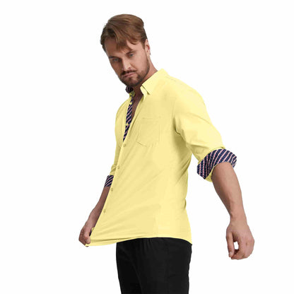 Men's Long Sleeve Dress Shirts Slim Fit Inner Contrast Business Casual Button Down Yellow Shirt