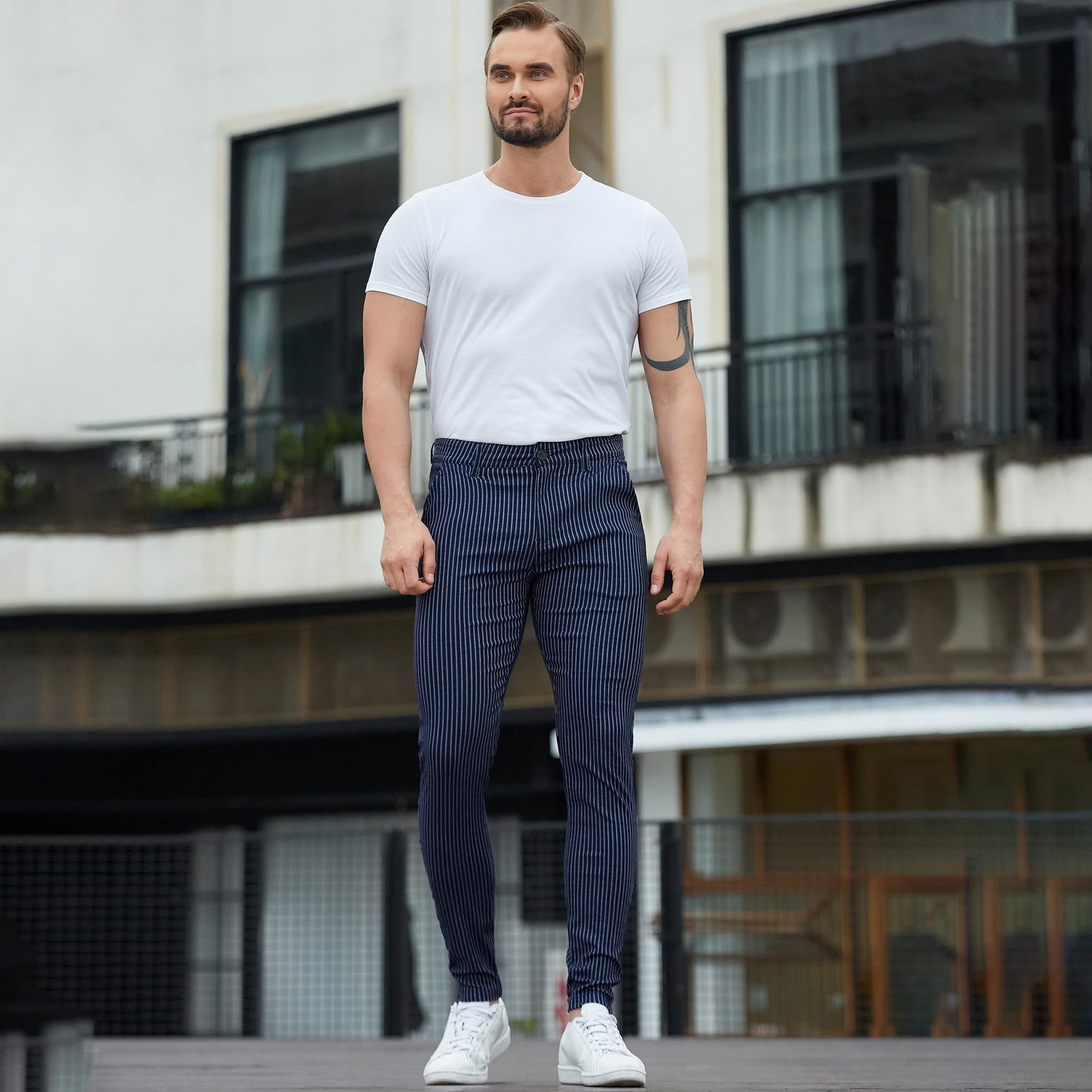 navy blue men pinstripe pants slim fit stretchy