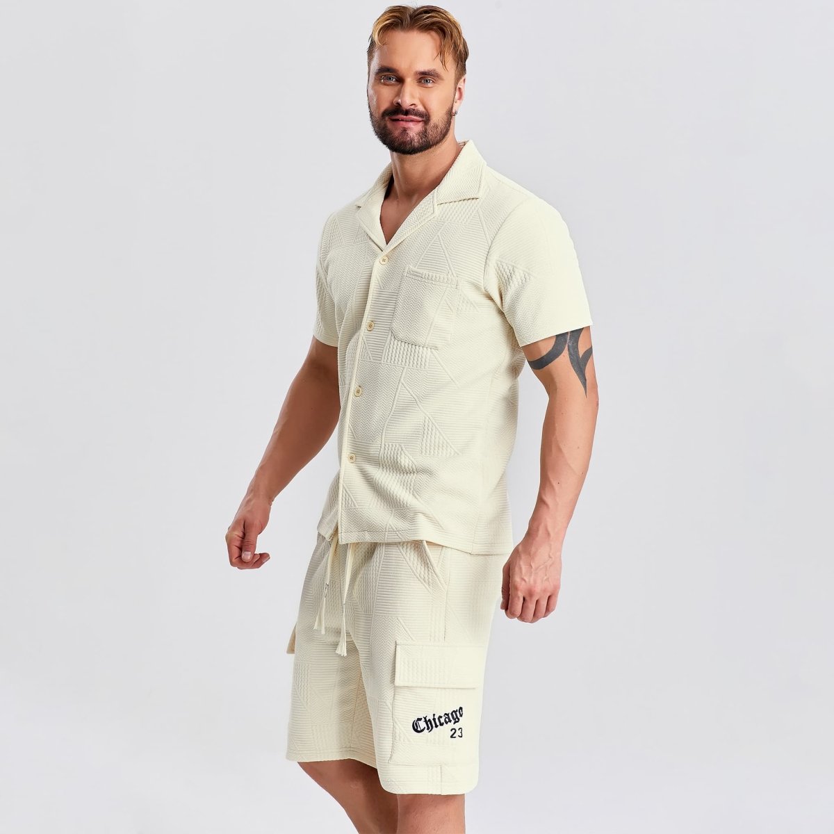 button down men's shirt and drawstring cargo short sets