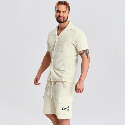 button down men's shirt and drawstring cargo short sets