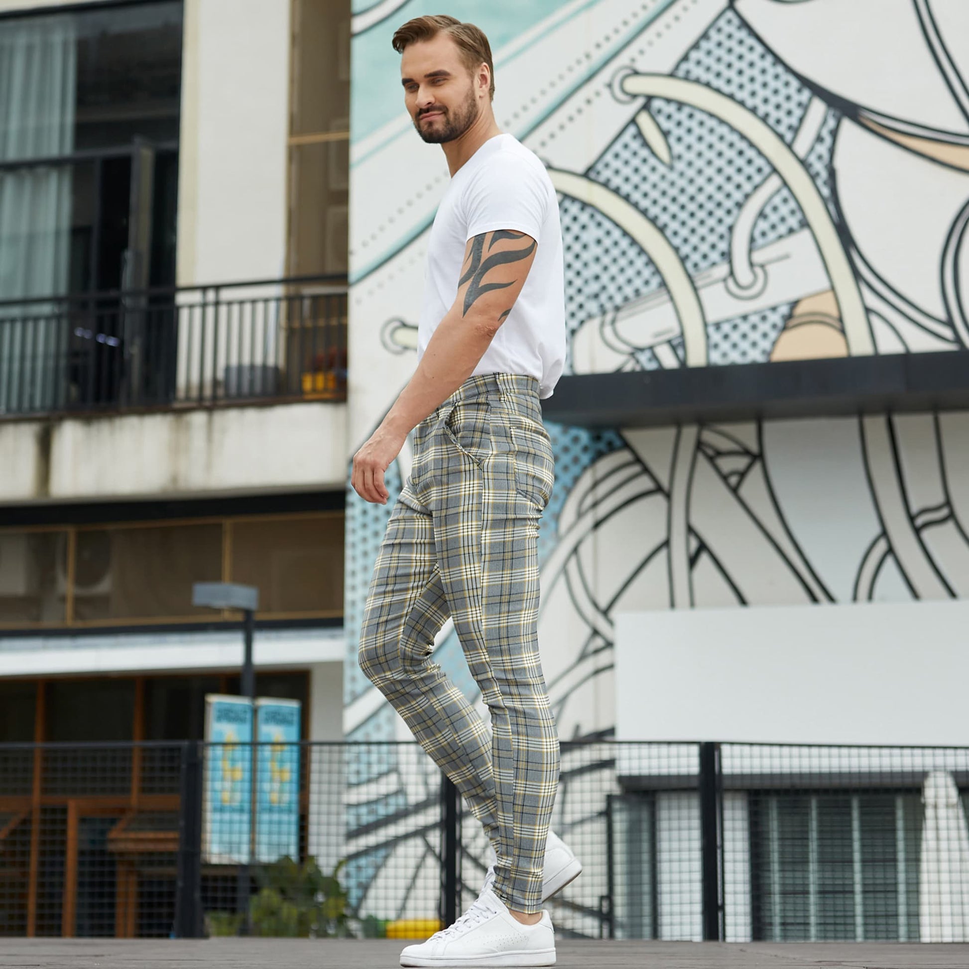 yellow checkered men's slim fit pants stretchy chinos