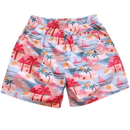 red coconut tree men's swim trunks with liner