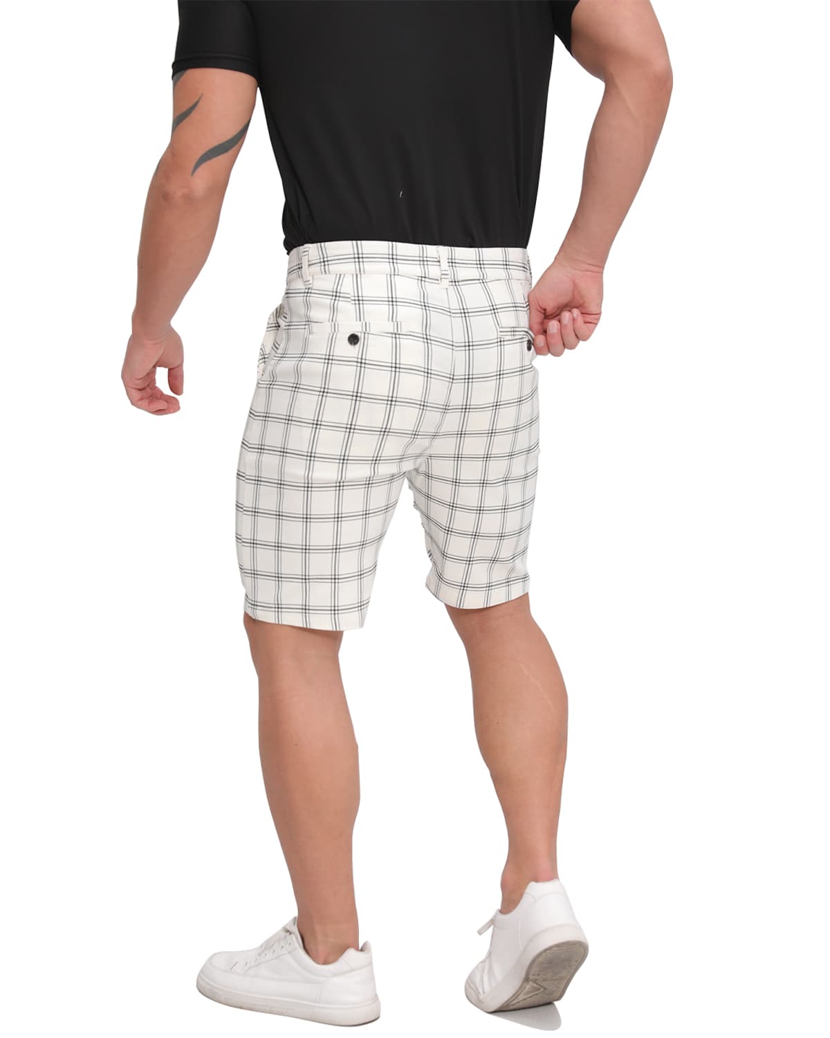 ALLELMS  Mens Slim Fit Shorts Black and White Plaid Chino Short Tapered Leg Skinny Stretch