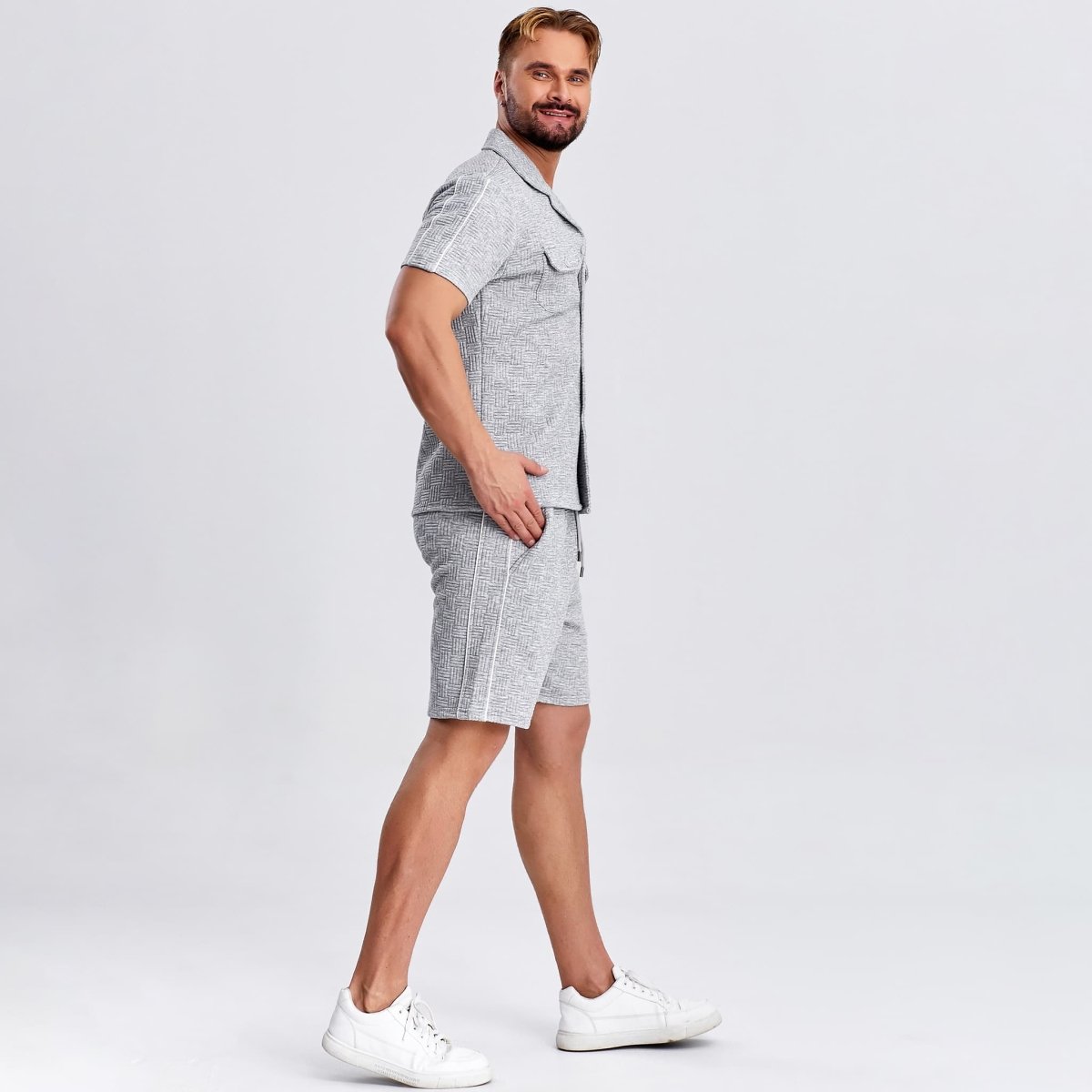 grey waffle men short sets outfits drawstring