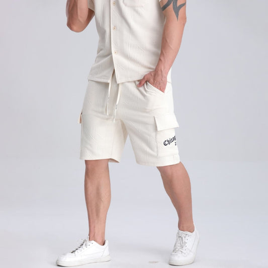 knitted jacquard men beige shorts athletic casual drawstring
