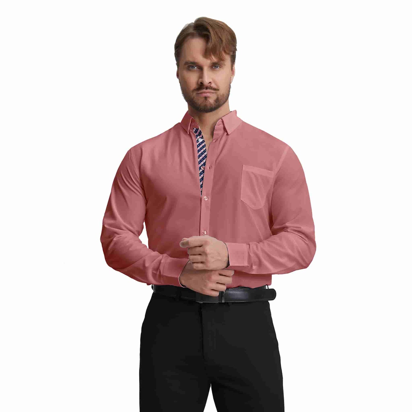 Men's Long Sleeve Dress Shirts Slim Fit Inner Contrast Business Casual Button Down Tan Shirt