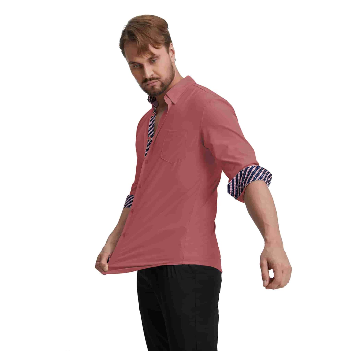 Men's Long Sleeve Dress Shirts Slim Fit Inner Contrast Business Casual Button Down Tan Shirt