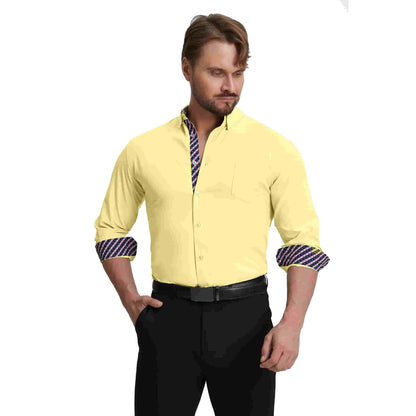Men's Long Sleeve Dress Shirts Slim Fit Inner Contrast Business Casual Button Down Yellow Shirt