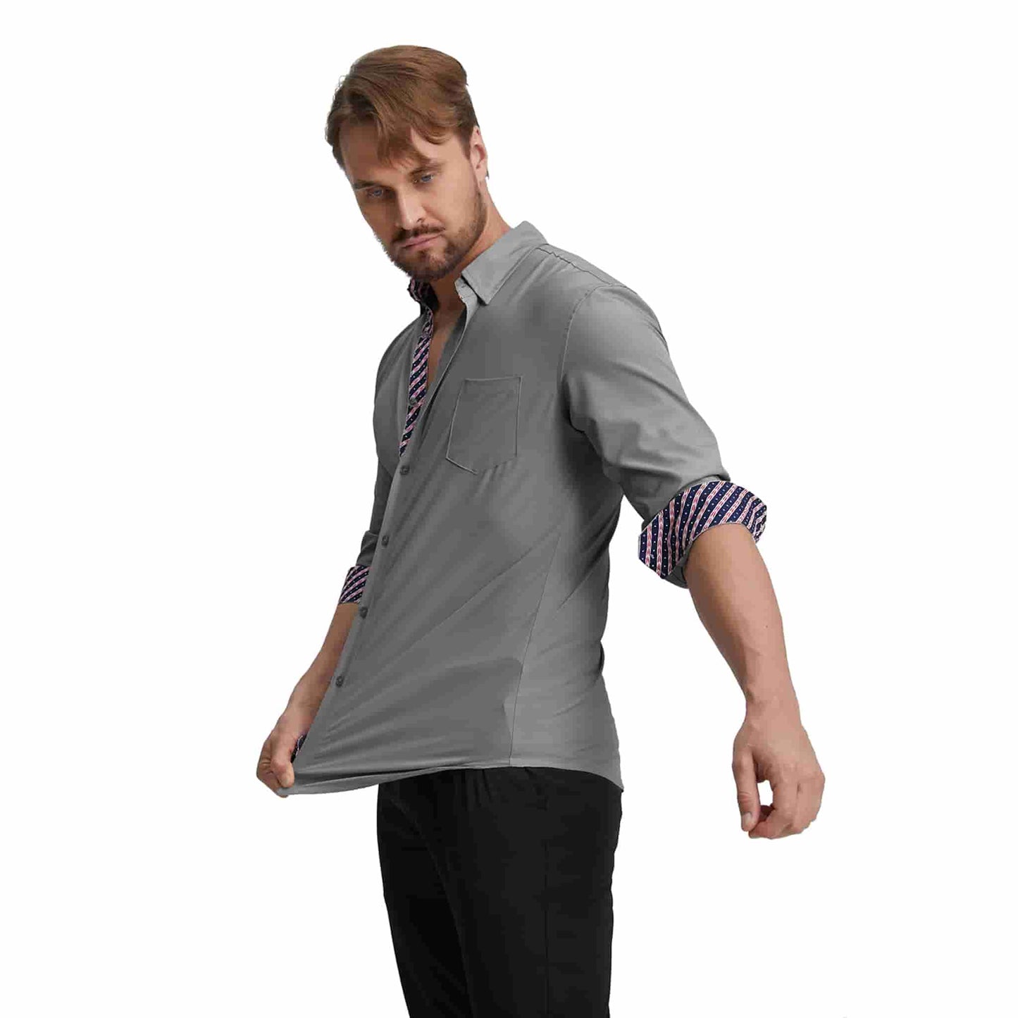 Men's Long Sleeve Dress Shirts Slim Fit Inner Contrast Business Casual Button Down Dark GreyShirt