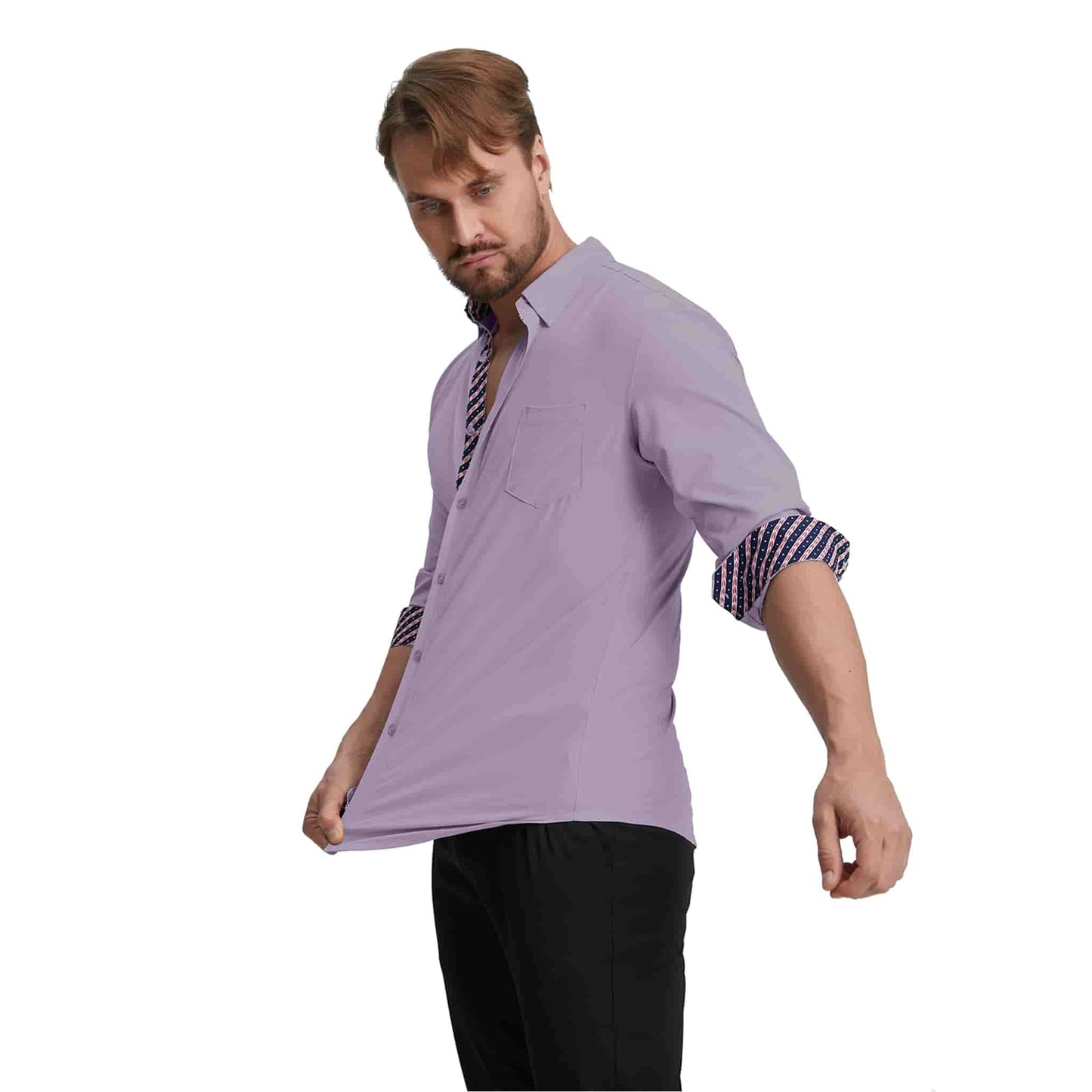 Men's Long Sleeve Dress Shirts Slim Fit Inner Contrast Business Casual Button Down Purple Shirt