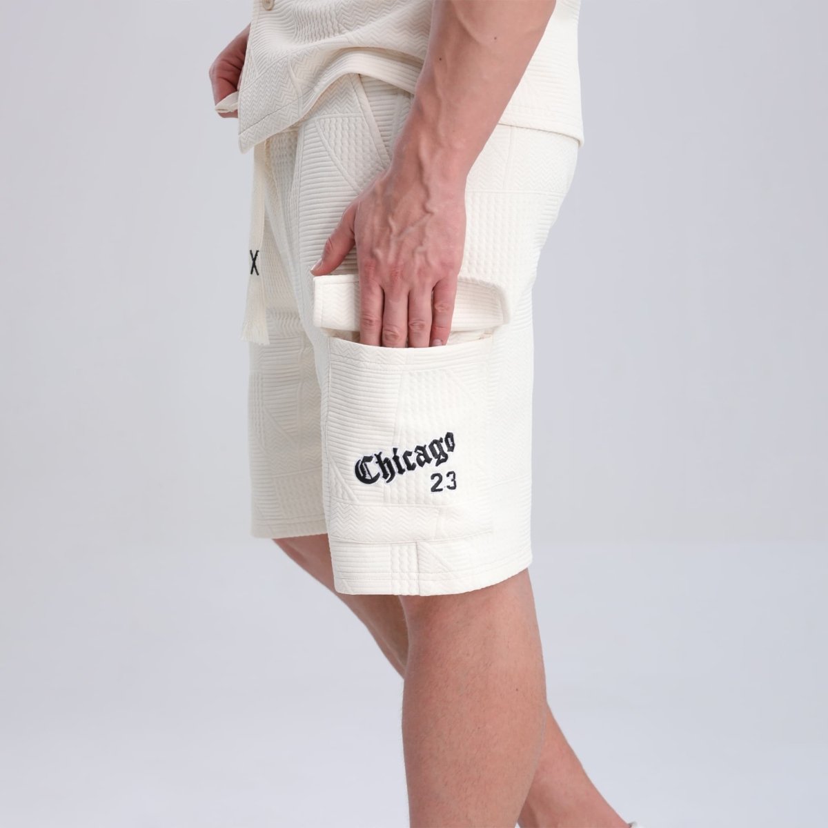 knitted jacquard men summer beige shorts drawstring