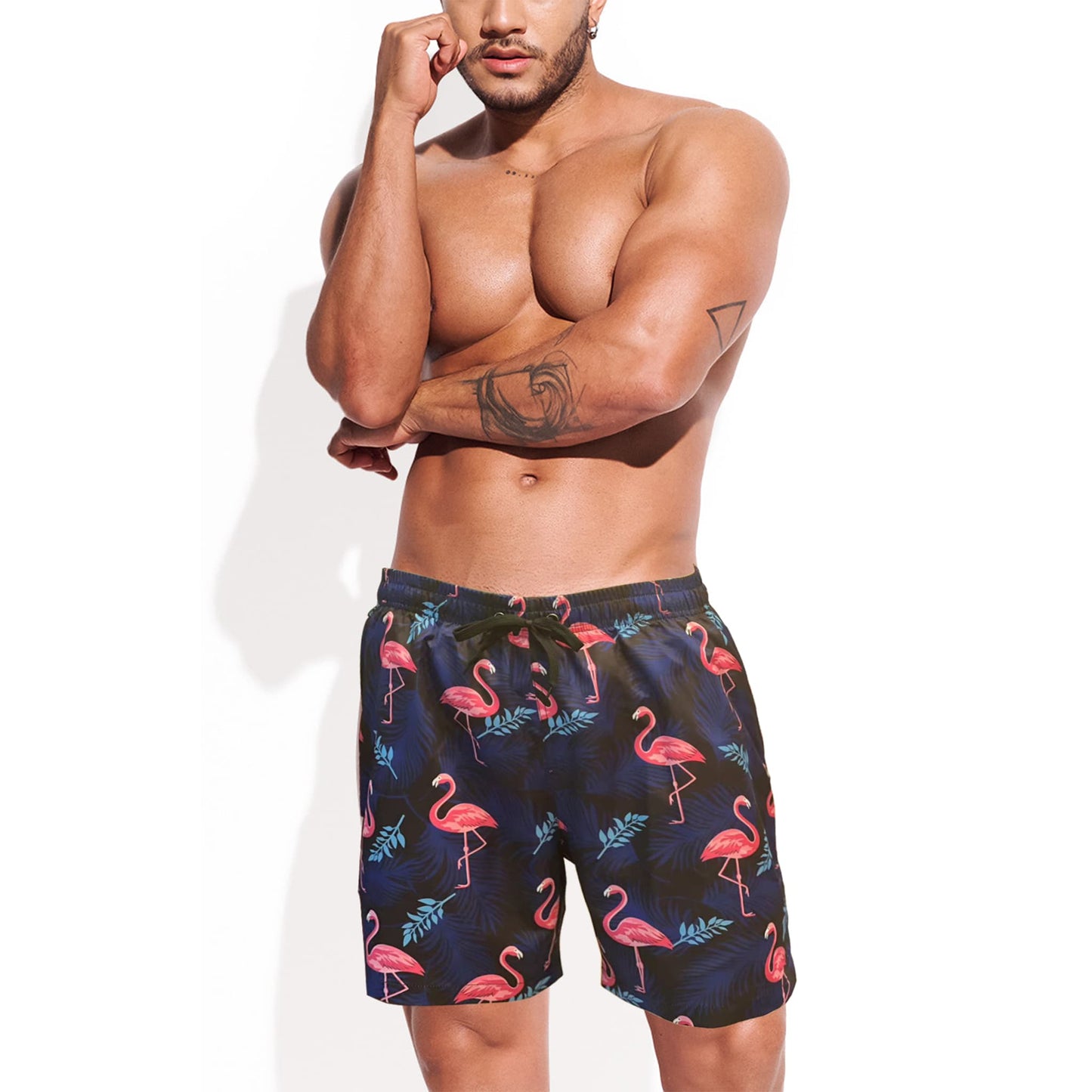 dark blue flamingo men swimsuit with shorts drawstring