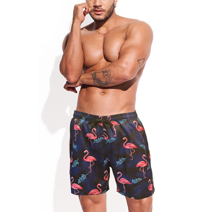 dark blue flamingo men swimsuit with shorts drawstring