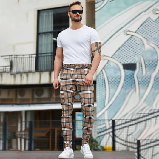 men tan tartan pants slim fit stretchy