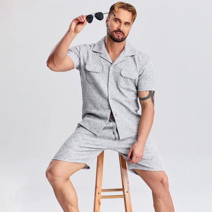 grey waffle men two piece outfits sets casual drawstring