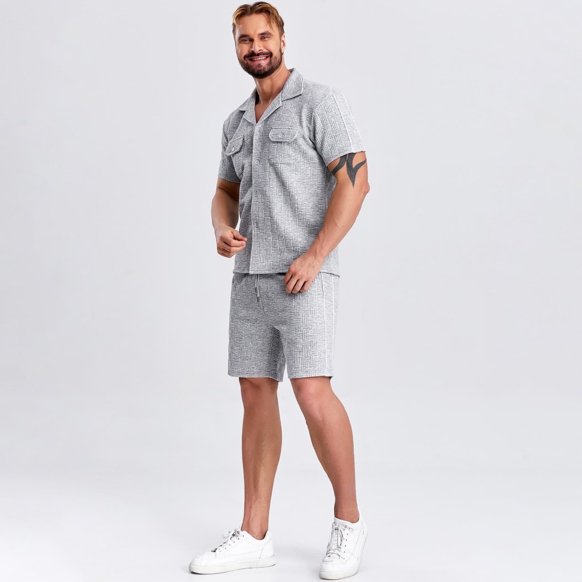 grey waffle men vacation outfits drawstring