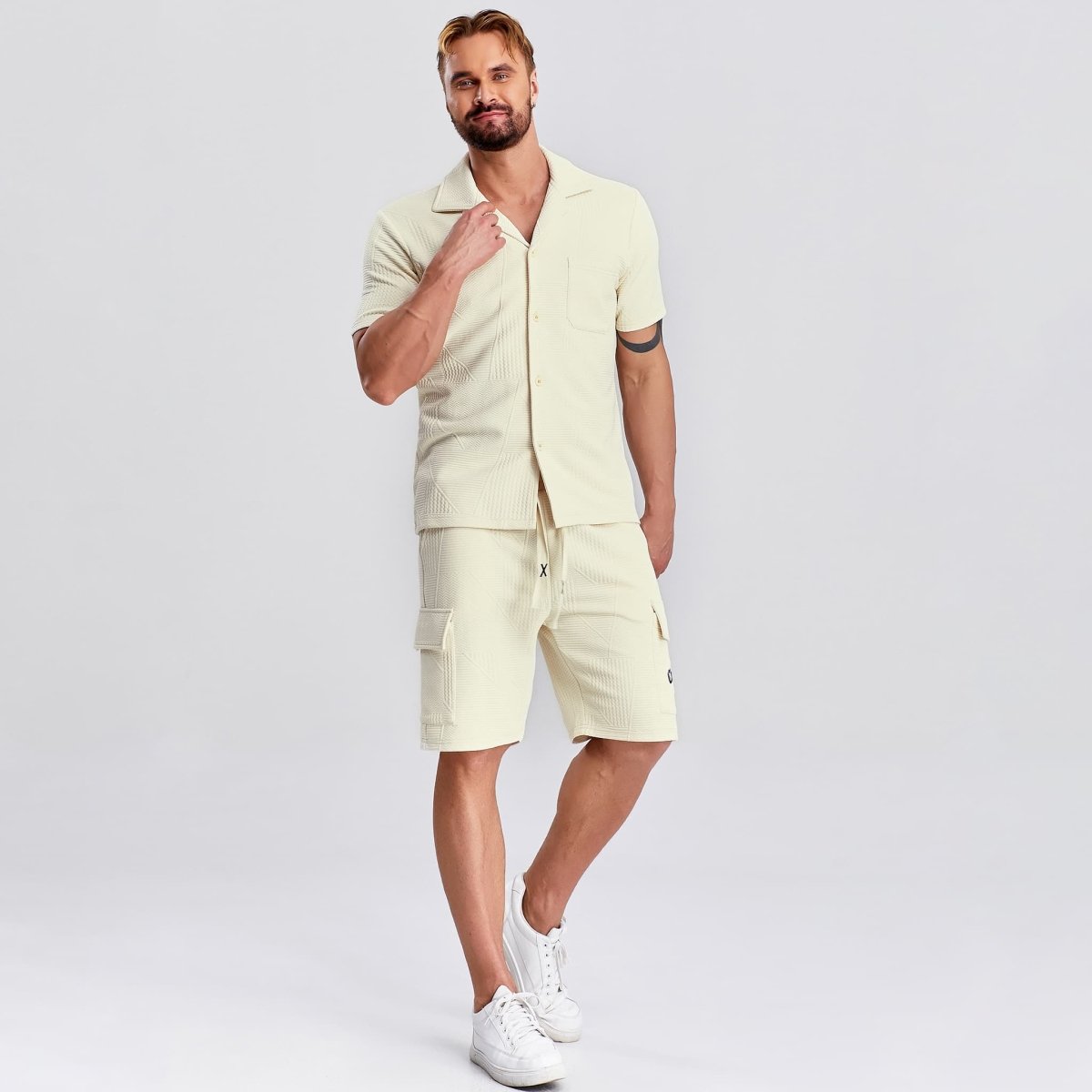 button down men vacation outfits sets drawstring