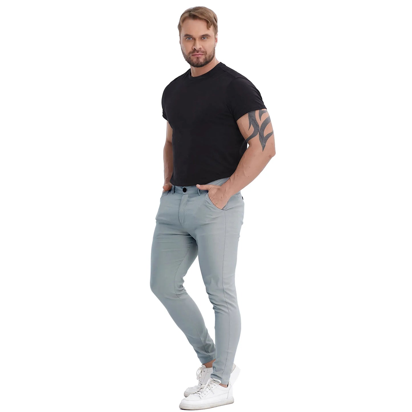 Men's blue grey plaid chinos business casual outfit