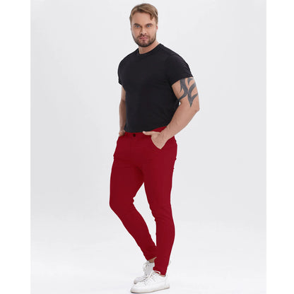 Men's Slim Fit Stretch Chinos - Burgundy Pleated Business Casual Pants