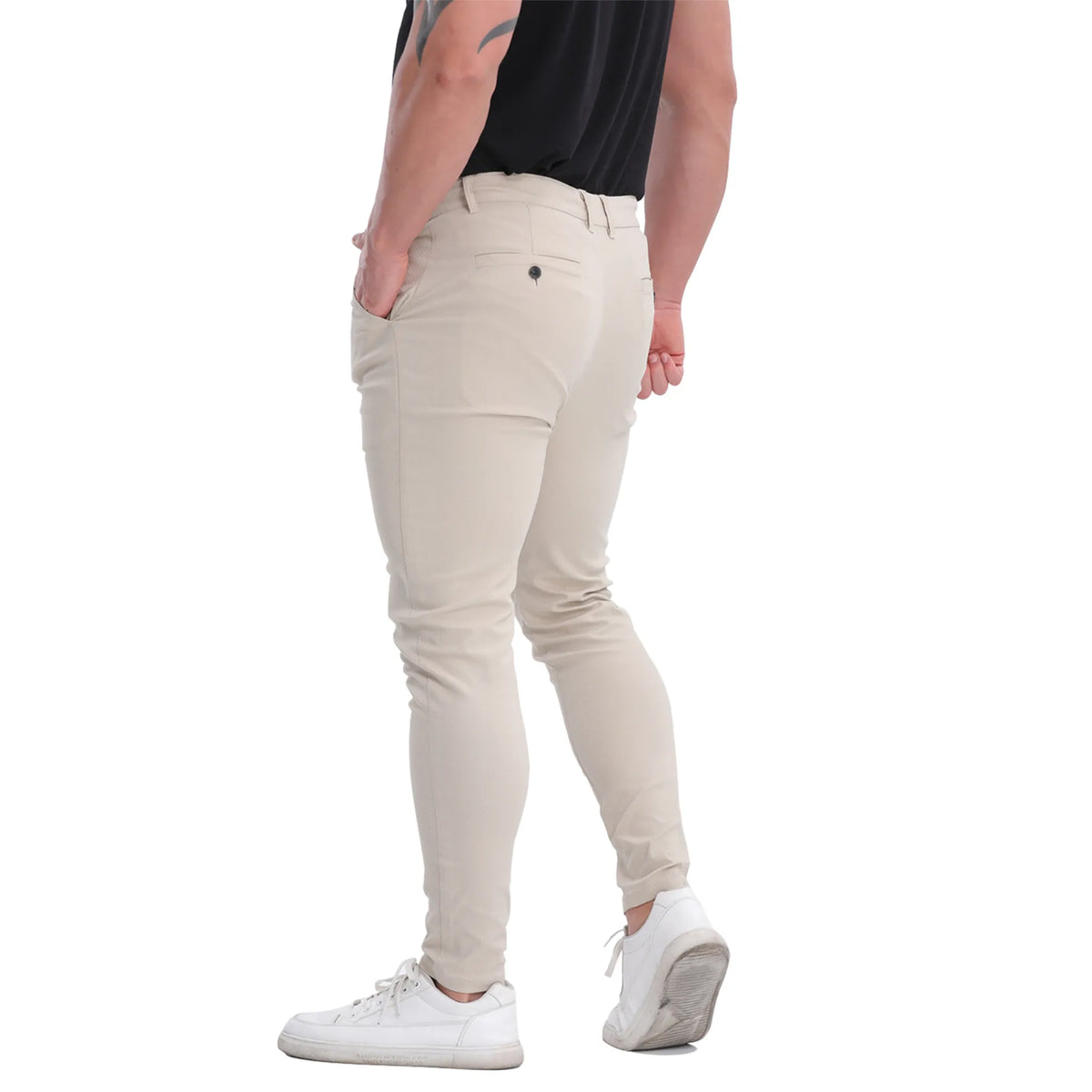 Men's champagne chino pants back view