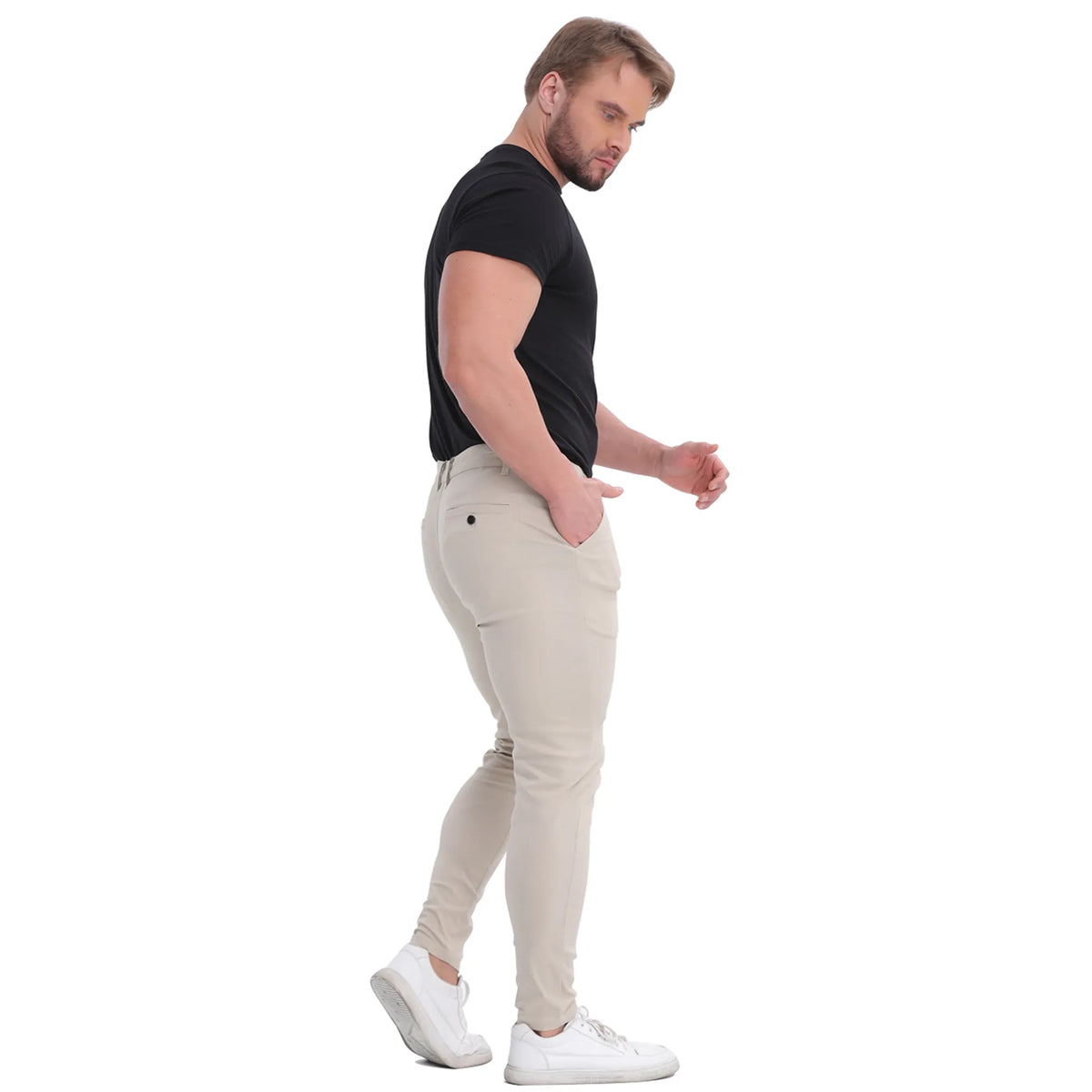 Men's champagne chino pants side view