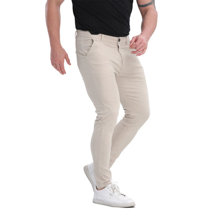 Men's champagne stretch chino pants front view