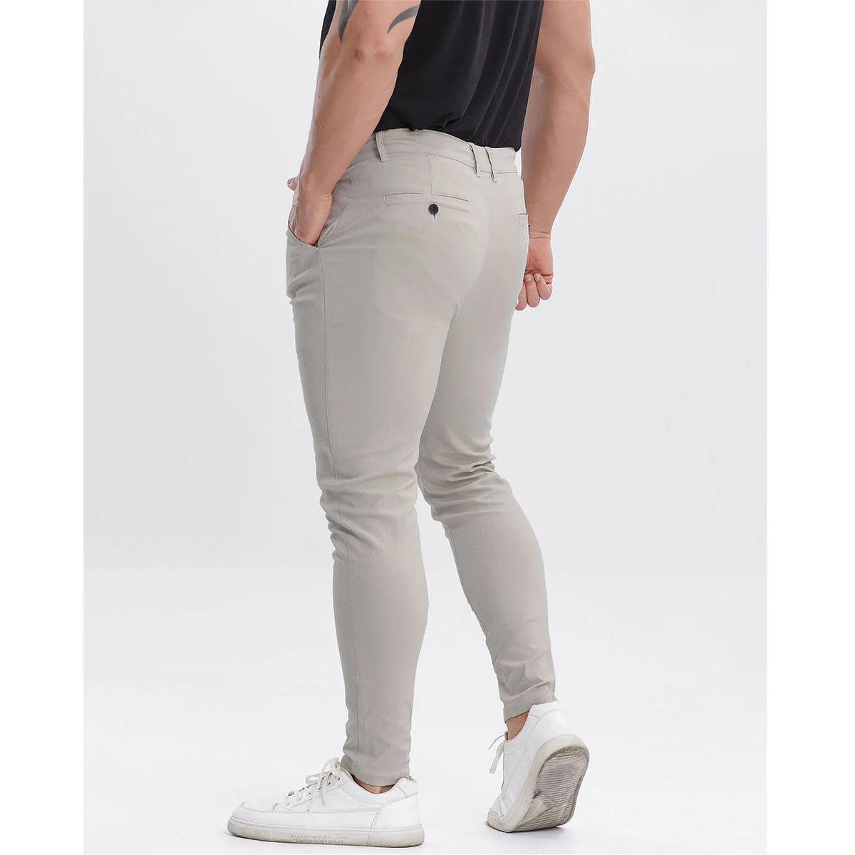 Close up view of men's stretch chino pants front