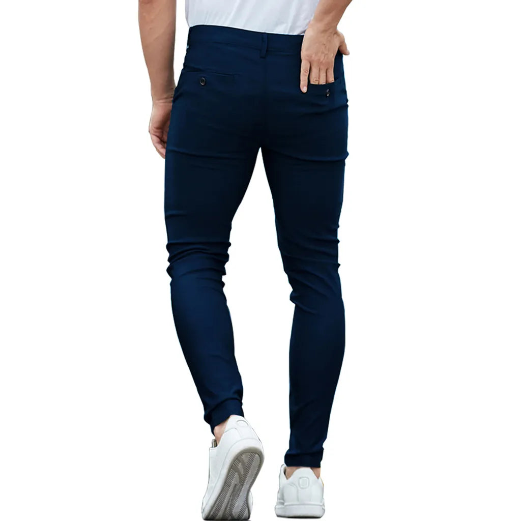 Close up view of men's stretch chino pants with wrinkle resistant fabric