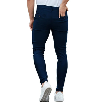 Close up view of men's stretch chino pants with wrinkle resistant fabric