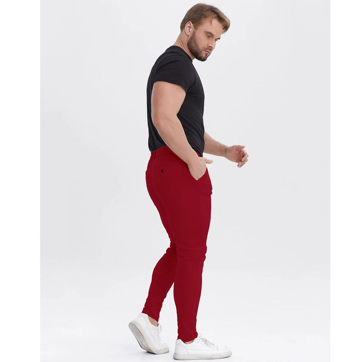 Men's Slim Fit Stretch Chinos - Burgundy Pleated Business Casual Pants