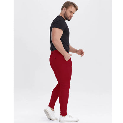 Men's Slim Fit Stretch Chinos - Burgundy Pleated Business Casual Pants